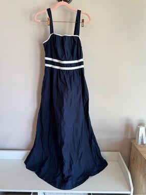 LOFT Navy Blue Cotton Maxi Dress White Contrast Trim Nautical Empire Waist 6